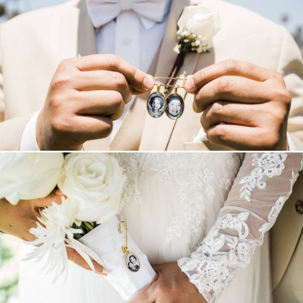 A beautiful gold coloured bride or groom memory photo lapel pin or bouquet charm, memorial boutonniere wedding day gift idea.