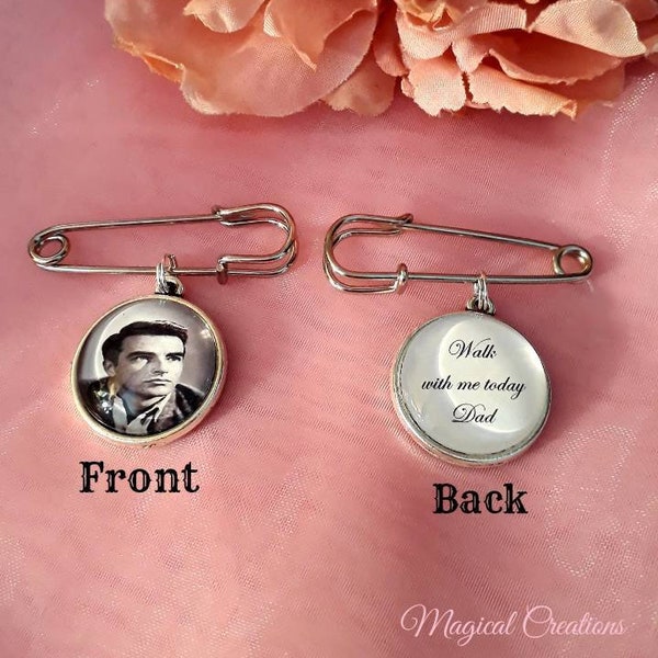 A double sided silver 20mm memory picture bride or groom pin for a bouquet or lapel or pocket, a wedding boutonniere memorial photo frame.