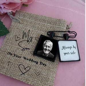 Memorial pin Black square single or double metal bride and groom photo memory locket. Single sided loved one in heaven keepsake frame charm.