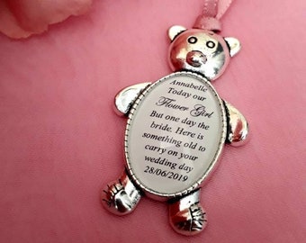 Bridesmaid, flower girl, page boy, ring security, ring bearer, usher teddy bear personalised keepsake charms, thank you wedding gift.