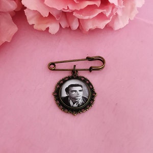 Bride, Groom memorial antique bronze coloured memory photo lapel pin, bouquet charm. photograph keepsake flower, boutonniere frame gifts.