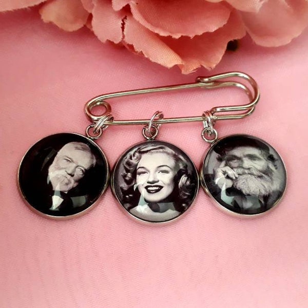 Bride or Groom silver memory photo bouquet charm or lapel pin, 18mm tie pin flower keepsake gift, groomsmen boutonniere photo charm gifts.