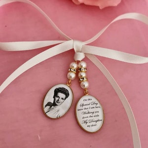 Gold double bouquet photo charm. Double frame picture memorial keepsake for the brides flowers. Beautiful wedding memory pendant.