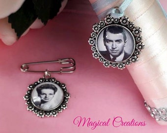 Bride and groom matching memory photo bouquet charm and lapel pin. Matching memorial photograph locket keepsake.