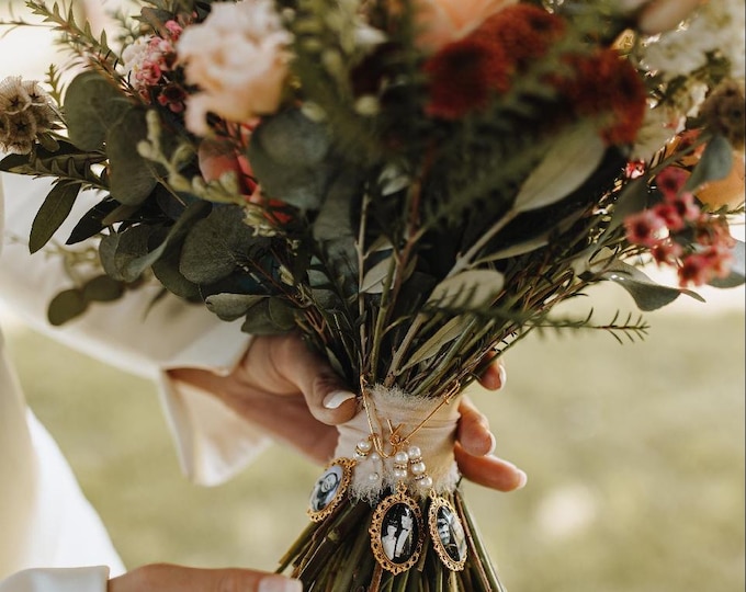 Gold single or double bouquet or lapel pin photo charm. Frame picture memorial keepsake which makes a Beautiful wedding memory pendant.