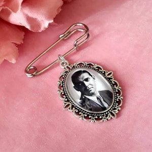 Bride or Groom memory photo silver coloured bouquet or lapel pin, tie pin keepsake gift, groomsmen boutonniere charm. DIY kits available.