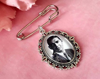 Bride or Groom memory photo silver coloured bouquet or lapel pin, tie pin keepsake gift, groomsmen boutonniere charm. DIY kits available.