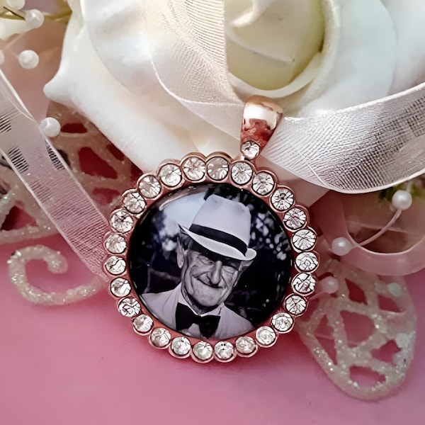 Rose Gold rhinestone memorial bride or groom photo charm for your bouquet or suit, in loving memory of missed loved ones. Wedding locket.