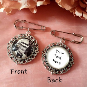 Double Sided Memorial Photo Pin: Bride & Groom Bouquet Lapel Charm
