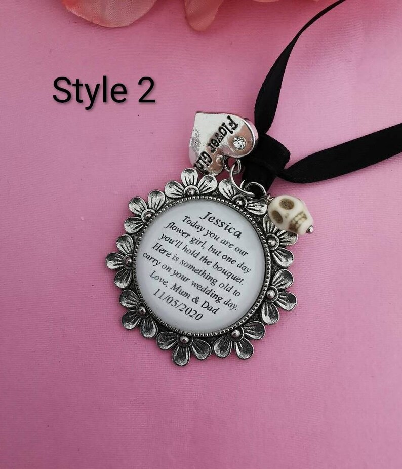 Personalised Bridal Party Keepsake Charm, Gothic Halloween Wedding Thank You Gift for flower girl, bridesmaid, maid/matron of honour/honor. Style 2