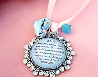 Personalised keepsake charm, Bridesmaid, flower girl, chief, maid of honour, honor wedding thank you gift, something old and something blue.