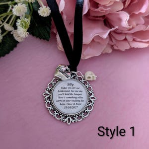 Personalised Bridal Party Keepsake Charm, Gothic Halloween Wedding Thank You Gift for flower girl, bridesmaid, maid/matron of honour/honor. Style 1
