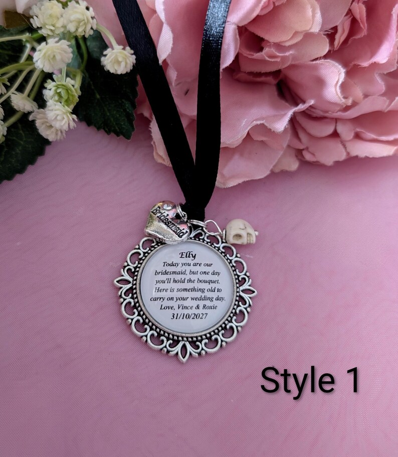 Personalised Bridal Party Keepsake Charm, Gothic Halloween Wedding Thank You Gift for flower girl, bridesmaid, maid/matron of honour/honor. Style 1