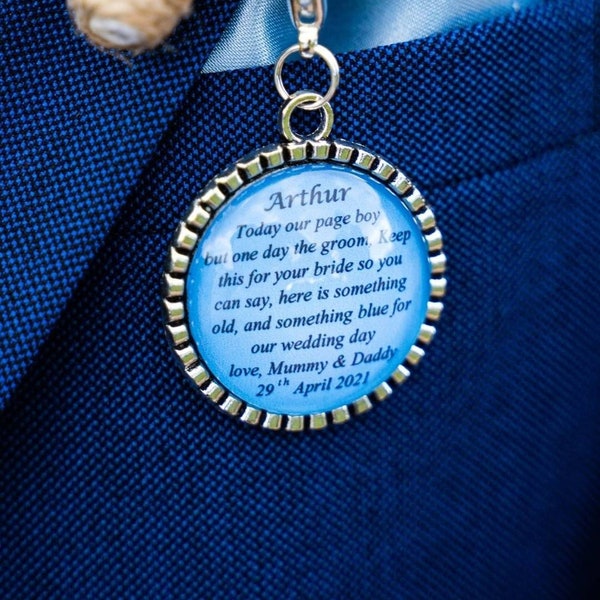 Page Boy, Usher, Ring bearer or giving me away keepsake gift charm, Personalised Something Old and something blue wedding thank you present.