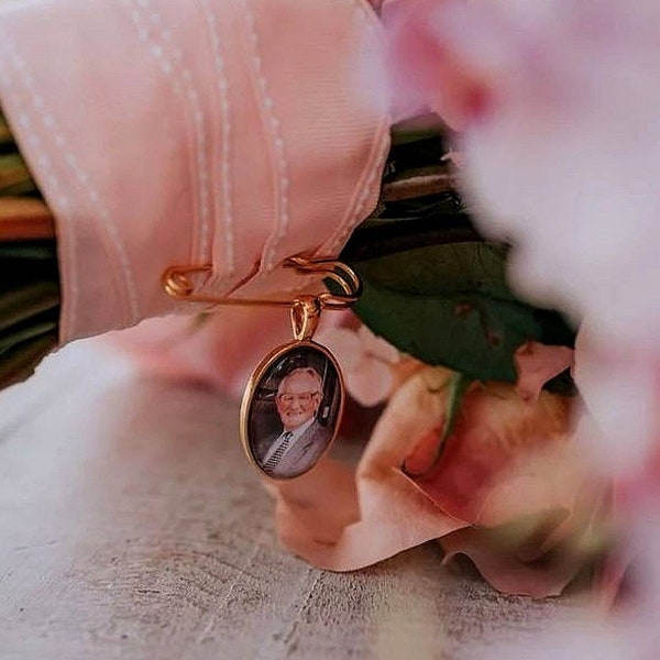A beautiful rose gold coloured bride or groom memory photo lapel or bouquet pin, memorial boutonniere wedding day gift idea.