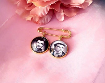 Bride or Groom gold memory photo bouquet charm or lapel pin, 18mm or 20mm tie pin keepsake gift, groomsmen boutonniere photo frame charm.