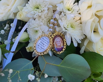 Gold double bouquet photo charm. Double frame picture memorial keepsake for the brides flowers. Beautiful wedding memory pendant.