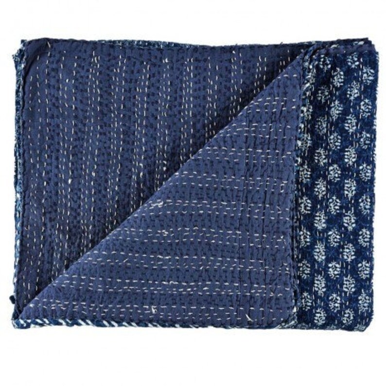 Kantha Quilt With Two Pillow Cover Indigo Patch Kantha Blanket Etsy