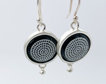 Hanging Earring Silver Black and White Glass Button vintage