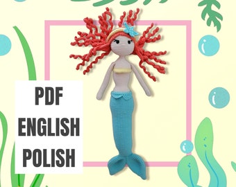 Mermaid crochet pattern, PDF, English (US), Polish, Aria sea siren, amigurumi princess mermaid, doll tutorial