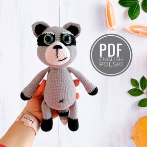 Crochet pattern Raccoon Joe, English (US), Polish, Pdf amigurumi tutorial, digital forest animals, plush toy
