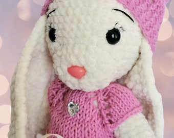 Grand Lapin En Peluche Au Crochet Fait Main – Robe, 44 Cm, Neuf, Fabrication Française