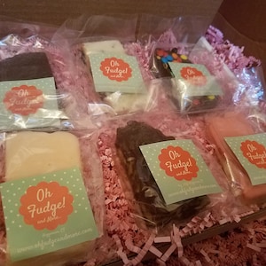 May include: A box filled with pink crinkle paper and six individually packaged fudge bars. Each bar is wrapped in clear plastic and has a sticker with the text "Oh Fudge! and More..." and a website address. The fudge bars are in various flavours, including chocolate, vanilla, and peanut butter.