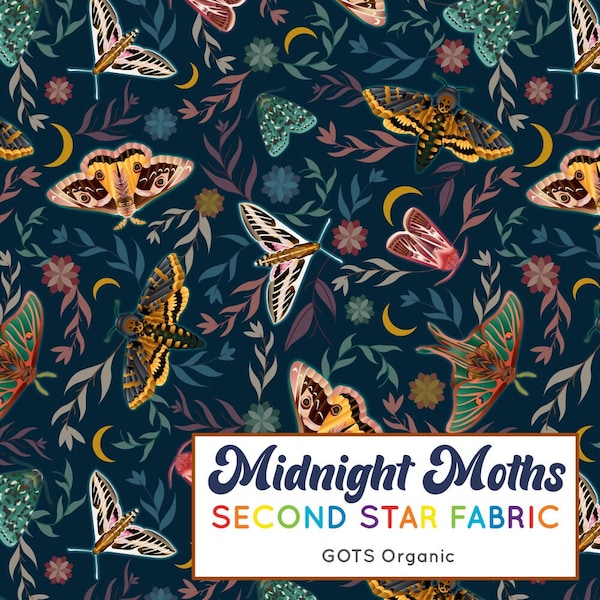 Moth Organic Cotton Jersey Fabric. Midnight Moths knit fabric.