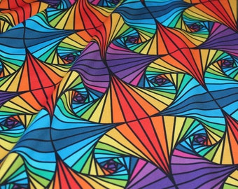 Kaleidoscope, bright geometric, tessellating rainbow, GOTS, Organic knit, Cotton Elastane, Jersey, Stretch Fabric