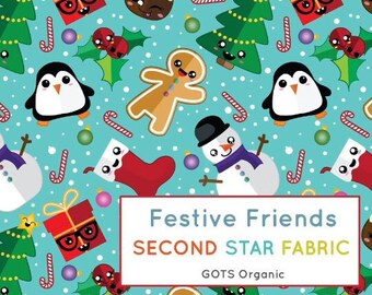 Festive Friends, Christmas, Winter, Holiday, Snowman, Penguin, Kawaii, Cute Xmas GOTS, Organic knit, Cotton Elastane, Jersey, Stretch Fabric