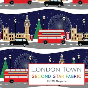London Town, Red Bus, Taxi, London in winter, Organic Cotton Elastane, Knit, Jersey Fabric