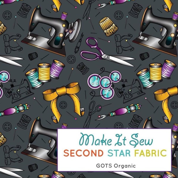 Make It Sew, Sewing Themed GOTS, Organic knit, Cotton Elastane, Jersey, Stretch Fabric