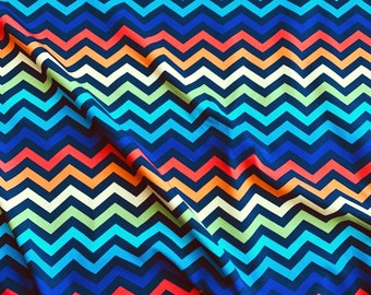 Rainbow Chevron Jersey Fabric. Colourful organic stretch cotton knit