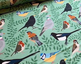 Garden Bird Jersey Fabric. Tweet Tweet cotton knit fabric