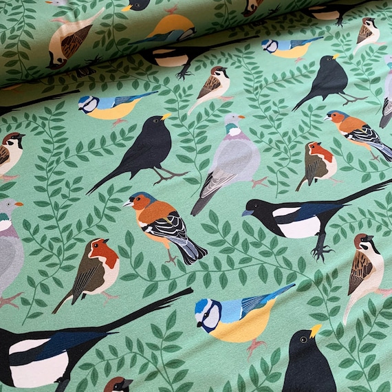 Garden Bird Jersey Fabric. Tweet Tweet cotton knit fabric