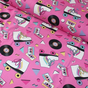 Roller Disco, 80&#39;s Skates & Tapes, Organic Cotton Elastane, Pink Knit, Jersey Fabric