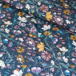 May include: A dark blue fabric with a floral pattern featuring pink, yellow, and white flowers. The fabric has a subtle texture and a repeating pattern.