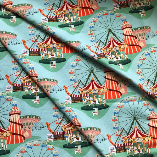 Fun at the Fair, Vintage Fairground themed Organic Cotton Elastane, Jersey Knit Stretch Clothing Fabric