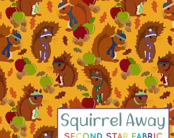 Squirrel Jersey Fabric. Autumn themed organic cotton jersey knit