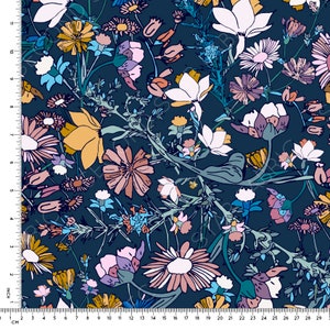May include: A navy blue fabric with a repeating pattern of colorful flowers. The flowers are in shades of pink, yellow, blue, and green. The fabric is perfect for crafting projects, quilting, and home decor.