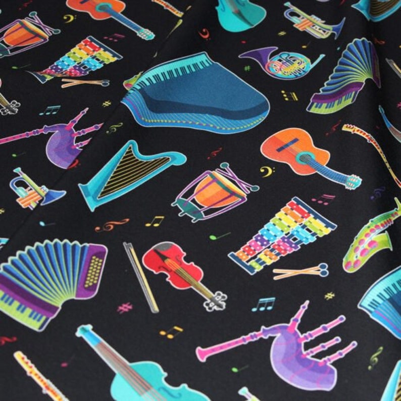 Symphony violin Colourful Gender Neutral GOTS Organic knit Jersey guitar Rainbow instruments Cotton Lycra bagpipes Stretch Fabric