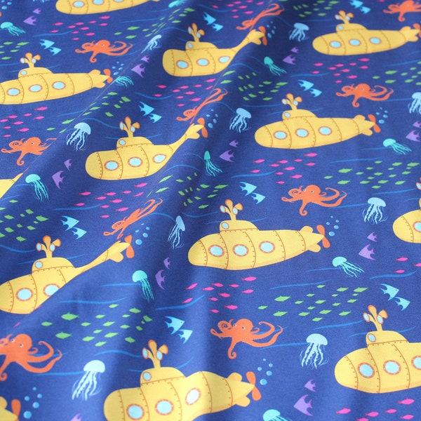 Submarine Dream - Yellow Submarines, Underwater, Organic Cotton Elastane, Knit, Jersey Fabric