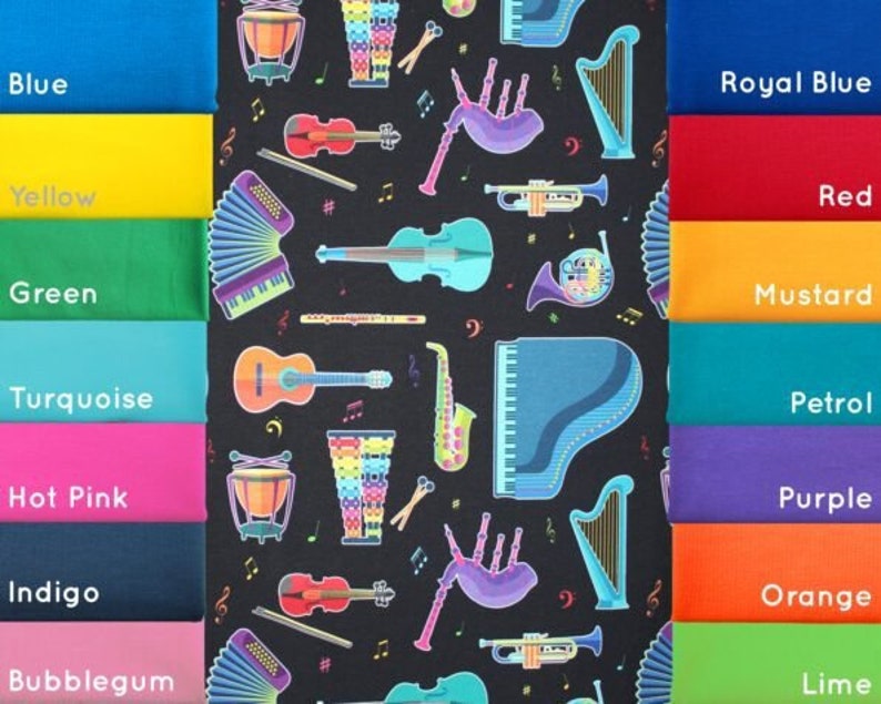 Symphony violin Colourful Gender Neutral GOTS Organic knit Jersey guitar Rainbow instruments Cotton Lycra bagpipes Stretch Fabric