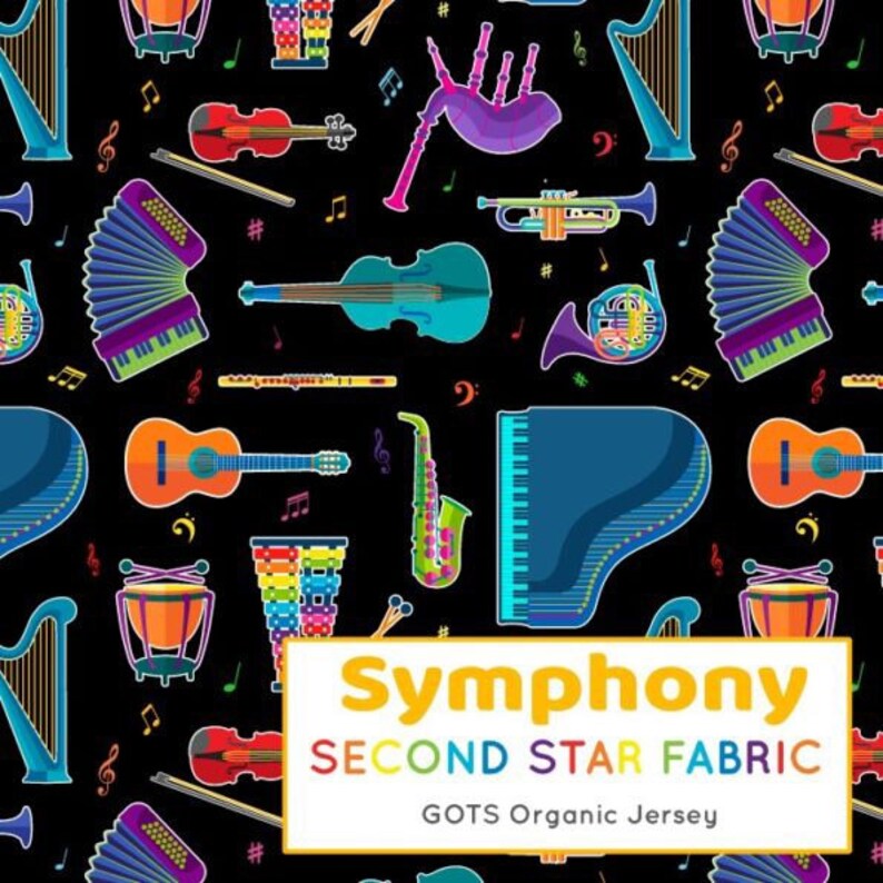 Symphony violin Colourful Gender Neutral GOTS Organic knit Jersey guitar Rainbow instruments Cotton Lycra bagpipes Stretch Fabric