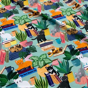 Purradise, Cats, books, plants, GOTS, Organic Cotton Elastane Knit, Jersey Fabric