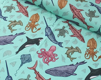 Aquatica - Sharks, Narwhals, Octopus, Kraken, Ocean, Whales, Nautical GOTS, Organic, Cotton Elastane, Knit, Jersey Fabric