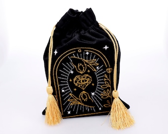Black Velvet Tarot Deck Bag with Embroidery and Tassels, Card Storage Pouch for Tarot, Oracle and Jewelry Accessories