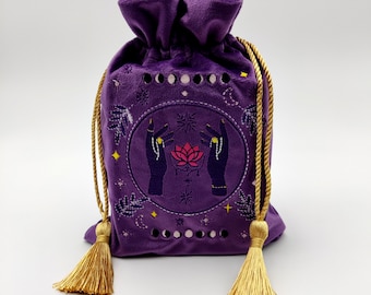 Purple Embroidered Velvet Tarot Pouch, Oracle Deck and Crystal Storage Bag, Drawstring Ritual Accessory