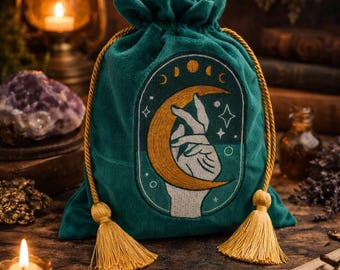Bolsa de terciopelo para tarot y oráculo, bolsa verde bordada con borlas, accesorio de joyería.