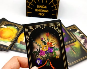 Talia Lumiere Lenormand, 36 kart z unikalnymi wzorami obramowań, zawiera przewodnik online, wysokiej jakości papier kart, kolekcja kart Tarota